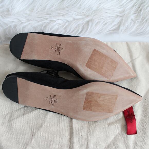 Valentino Black Suede Gold Rockstud Lace Up Ankle-Wrap Pointed Ballet Flat - Picture 7 of 10